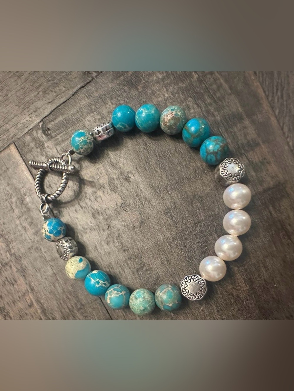 Hand Crafted Blue Imperial Jasper Beads White Faux Pearl Beaded Bracelet